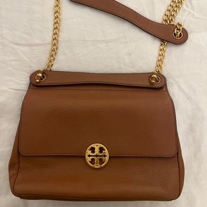 Tory Burch Brown and Gold Pebbled Leather Bag